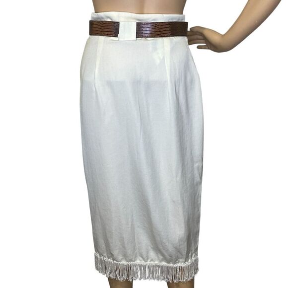 Vintage Francine Browner Midi Fringe Button Belted Wrap Skirt Cream Lt Yellow 7 - Picture 5 of 14